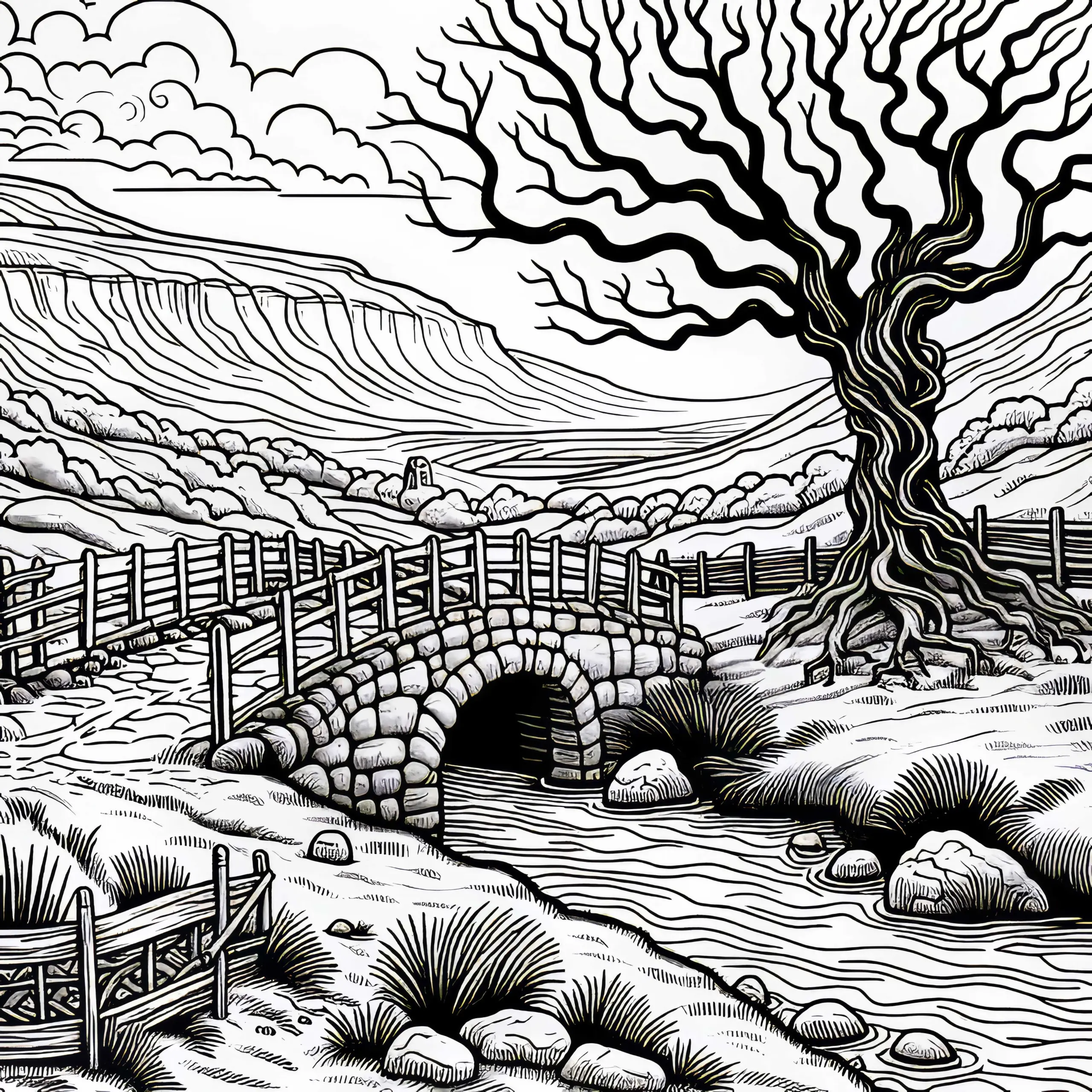 Moorlandschaft mit alter Brücke führt zu verfluchtem Baum – Ausmalbild kostenlos