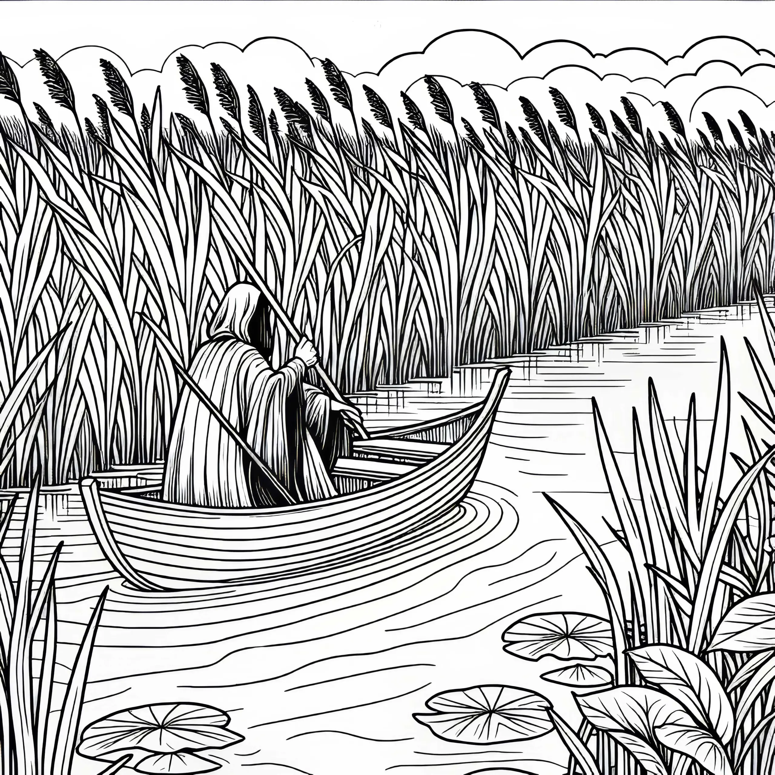 Moorlandschaft: Ein Boot gleitet durch dichte Schilfgänge – Ausmalbild kostenlos