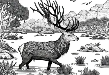 Moorlandschaft mit Hirsch, der lautlos durchs Wasser schreitet – Kostenloses Ausmalbild