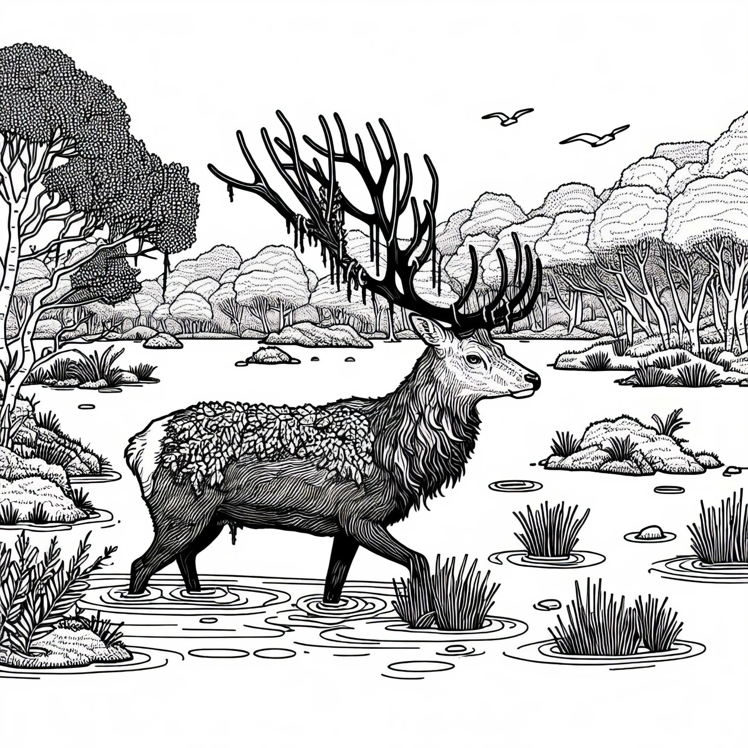 Moorlandschaft mit Hirsch, der lautlos durchs Wasser schreitet – Kostenloses Ausmalbild