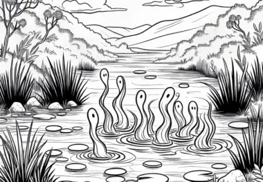 Moorlandschaft mit Irrlichtern, die aus trübem Wasser aufsteigen – Malvorlage kostenlos