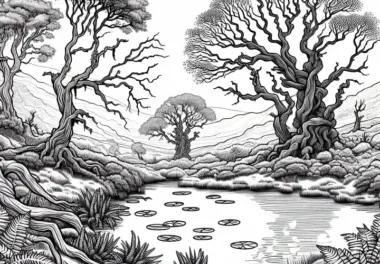 Moorlandschaft mit knorrigen Bäumen – Malvorlage zum Ausmalen