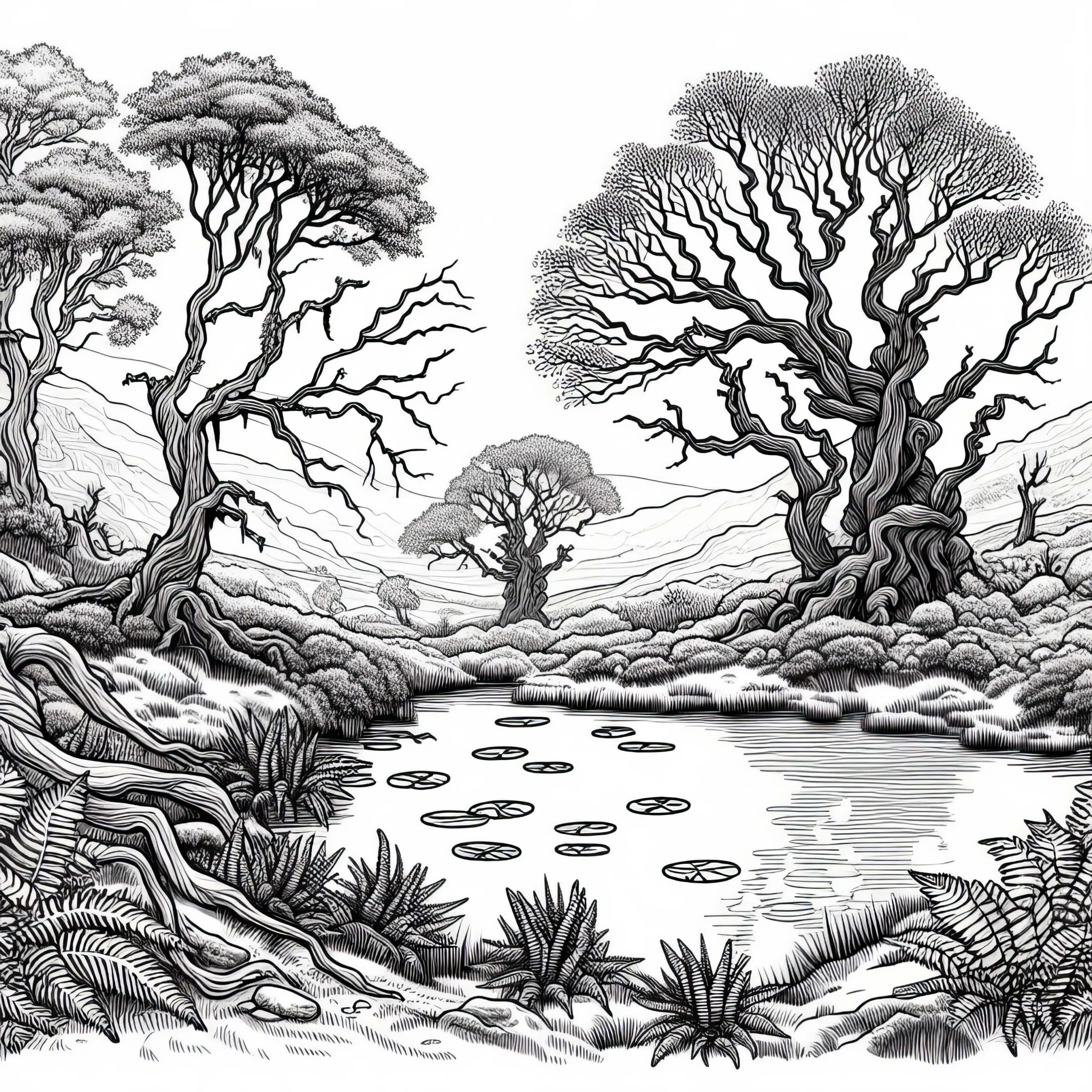 Moorlandschaft mit knorrigen Bäumen – Malvorlage zum Ausmalen (Ausmalbild)