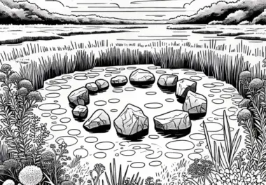 Moorlandschaft mit verstecktem Kreis aus Steinen im Herzen des Moors – Ausmalbild kostenlos