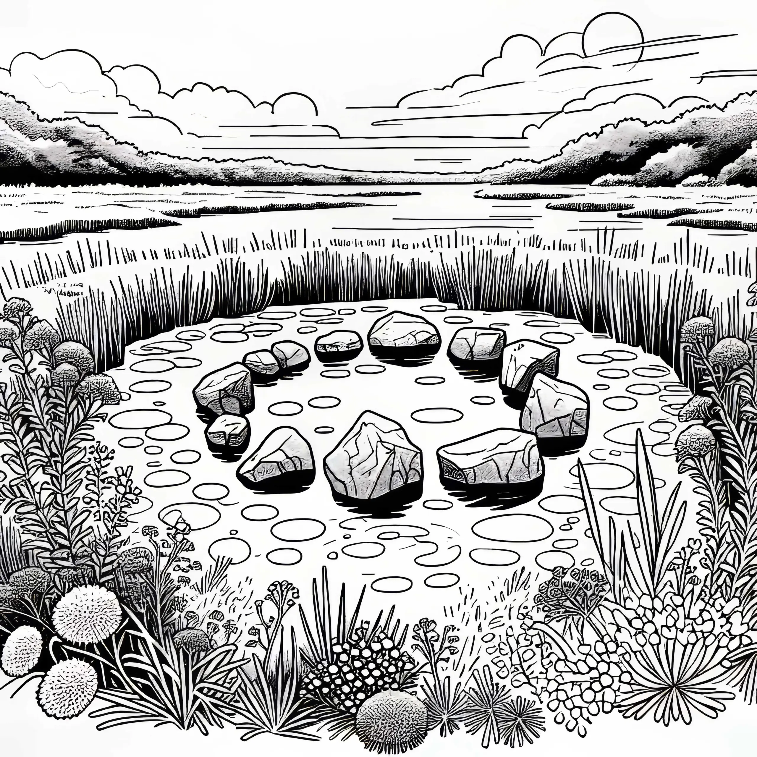 Moorlandschaft mit verstecktem Kreis aus Steinen im Herzen des Moors – Ausmalbild kostenlos