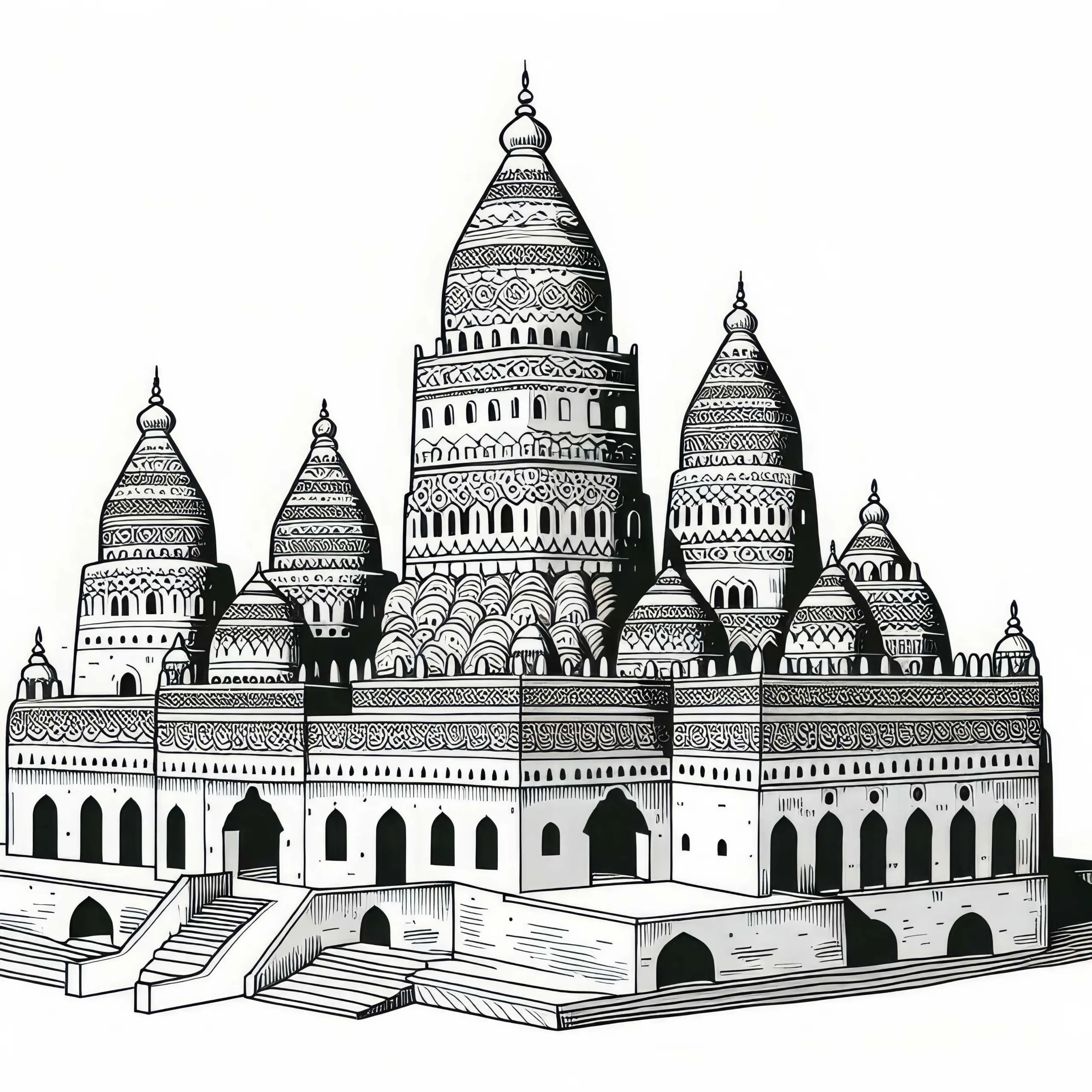 Moschee von Djenne in Mali aus Lehm mit kunstvollen Türmen – Malvorlage Afrika kostenlos (Ausmalbild)
