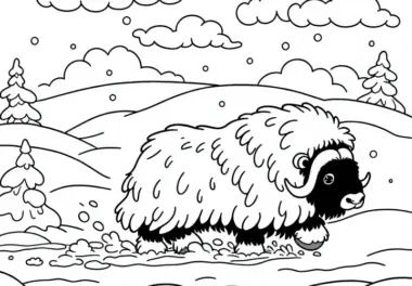 Moschusochse stampft durch tiefen Schnee – Malvorlage kostenlos