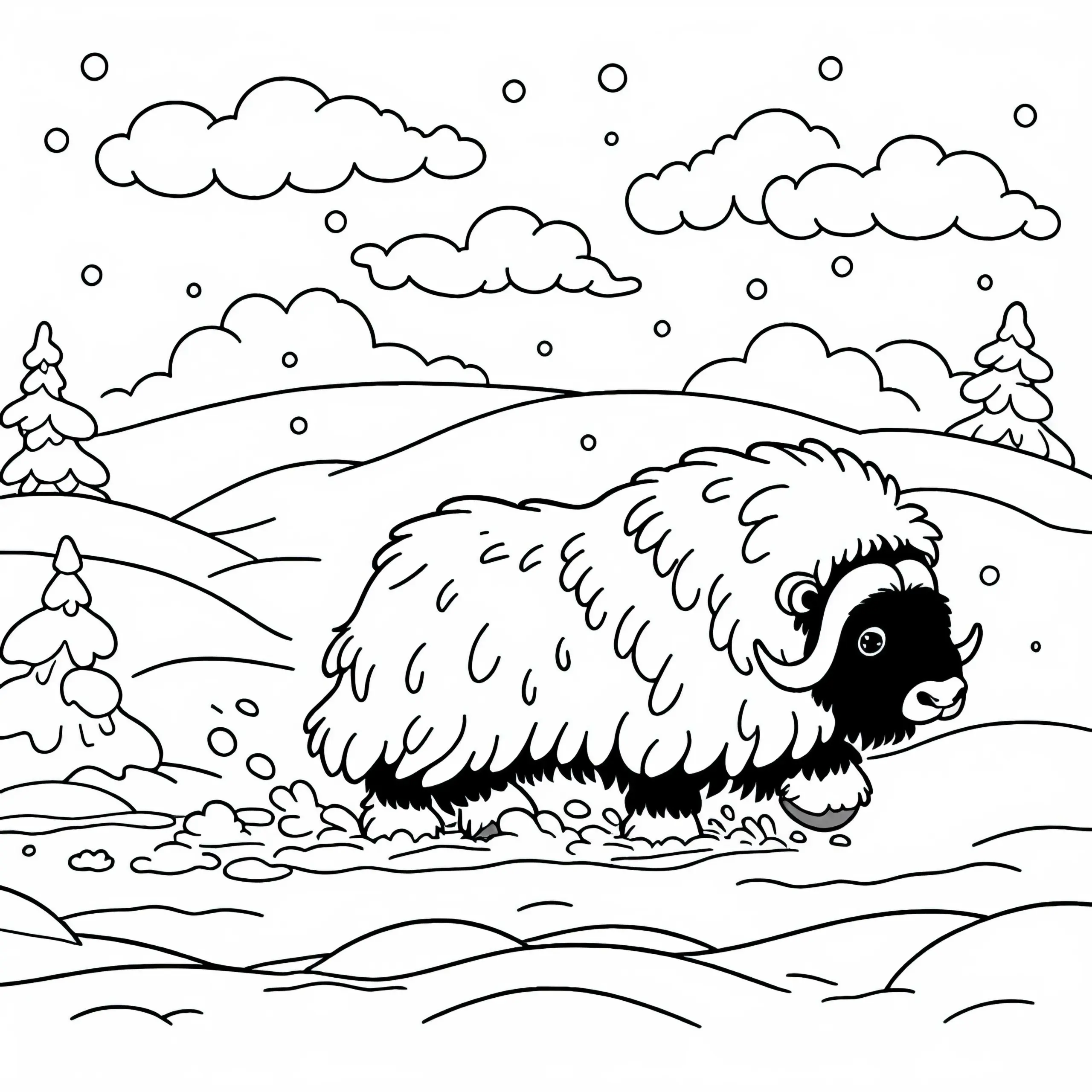 Moschusochse stampft durch tiefen Schnee – Malvorlage kostenlos (Ausmalbild)