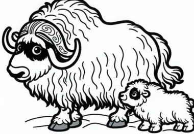 Moschusochsenkalb läuft neben seiner Mutter – Malvorlage kostenlos
