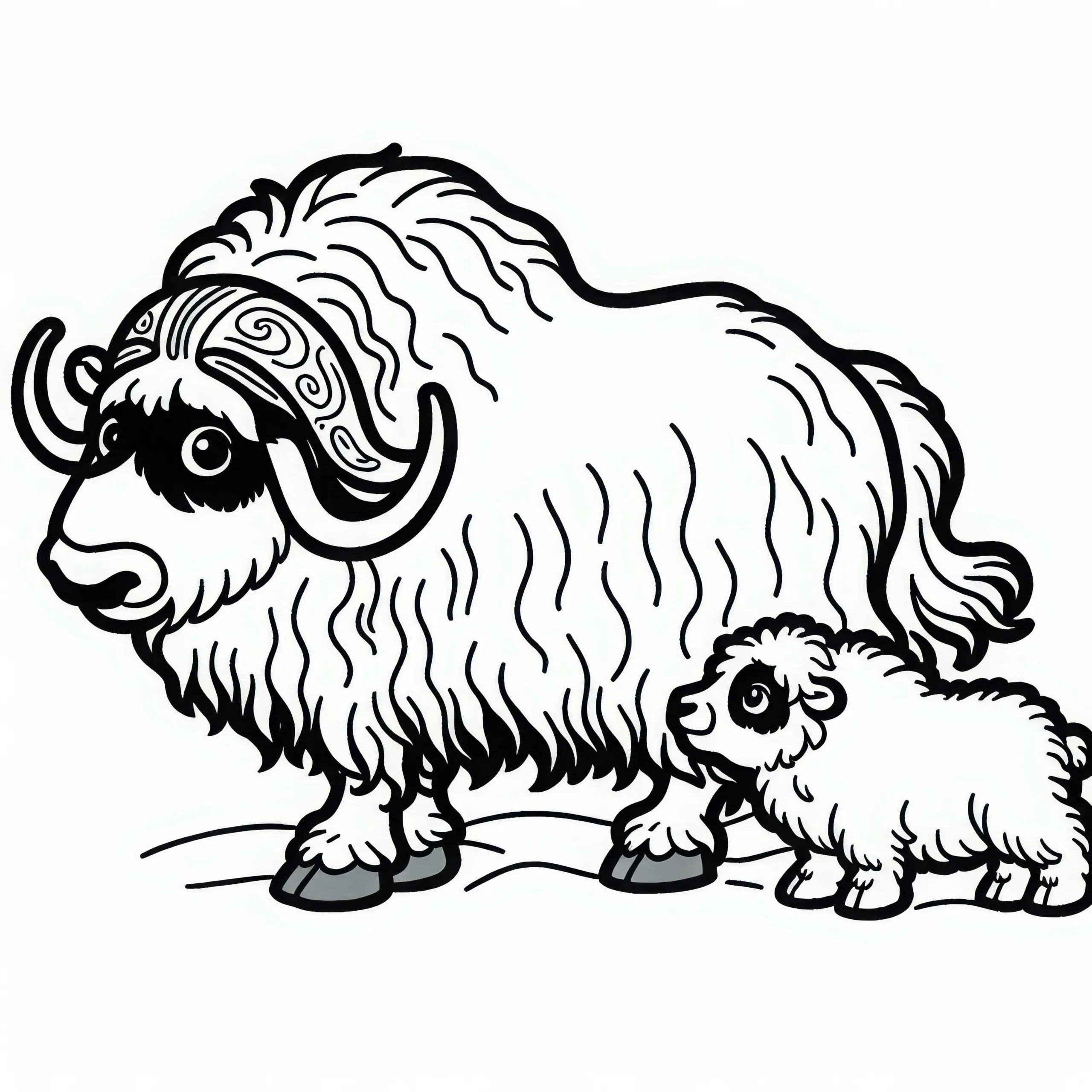 Moschusochsenkalb läuft neben seiner Mutter – Malvorlage kostenlos (Ausmalbild)