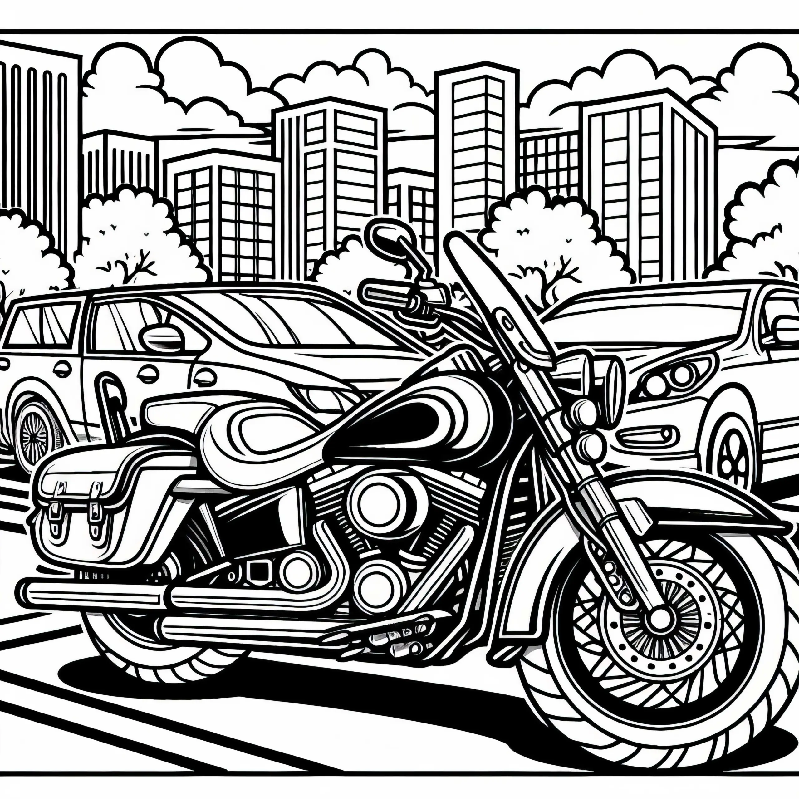 Motorrad auf Parkplatz – Malvorlage kostenlos (Ausmalbild)