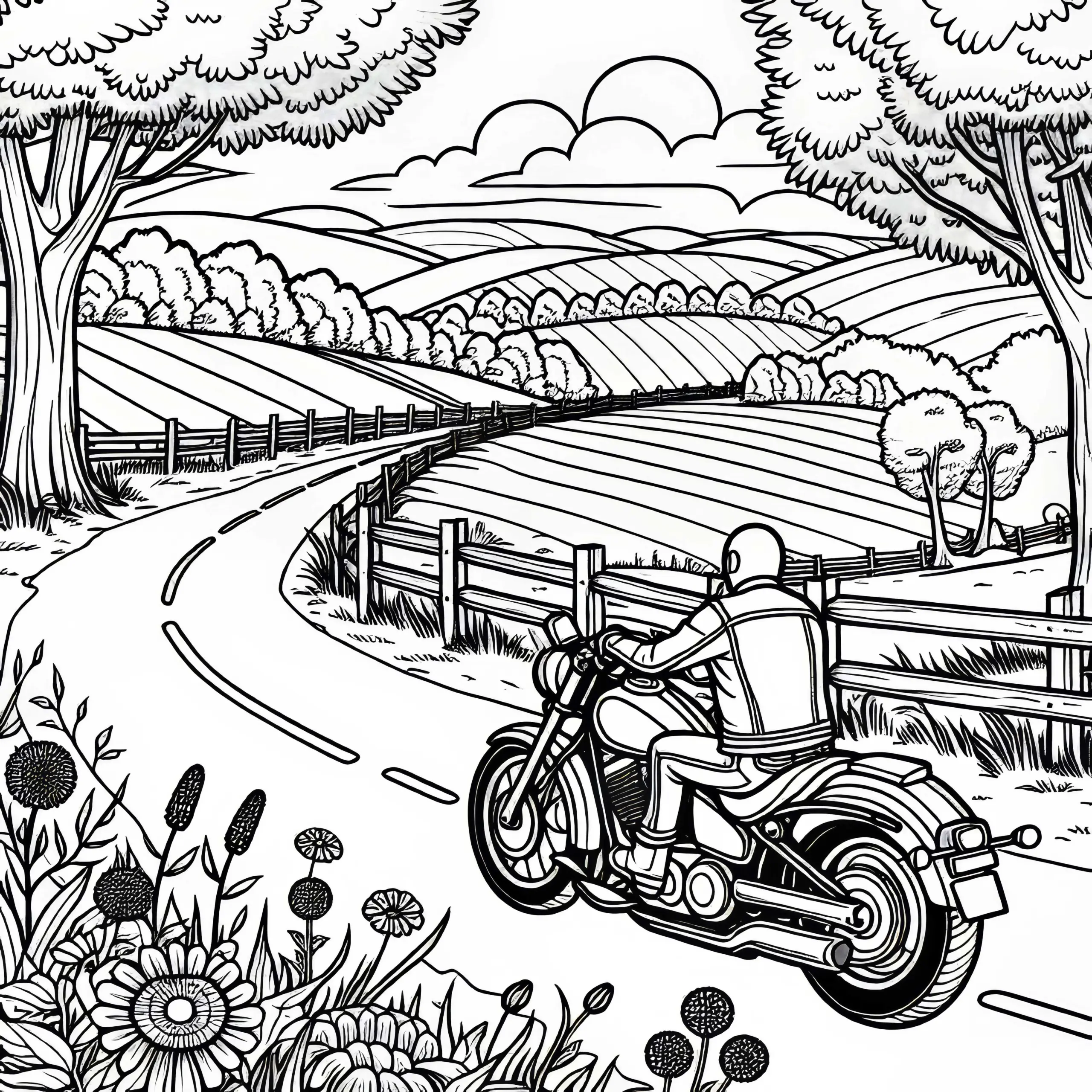 Motorrad fährt auf Landstraße – Ausmalbild gratis