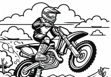Motorrad springt über Hindernis im Gelände – Ausmalbild kostenlos
