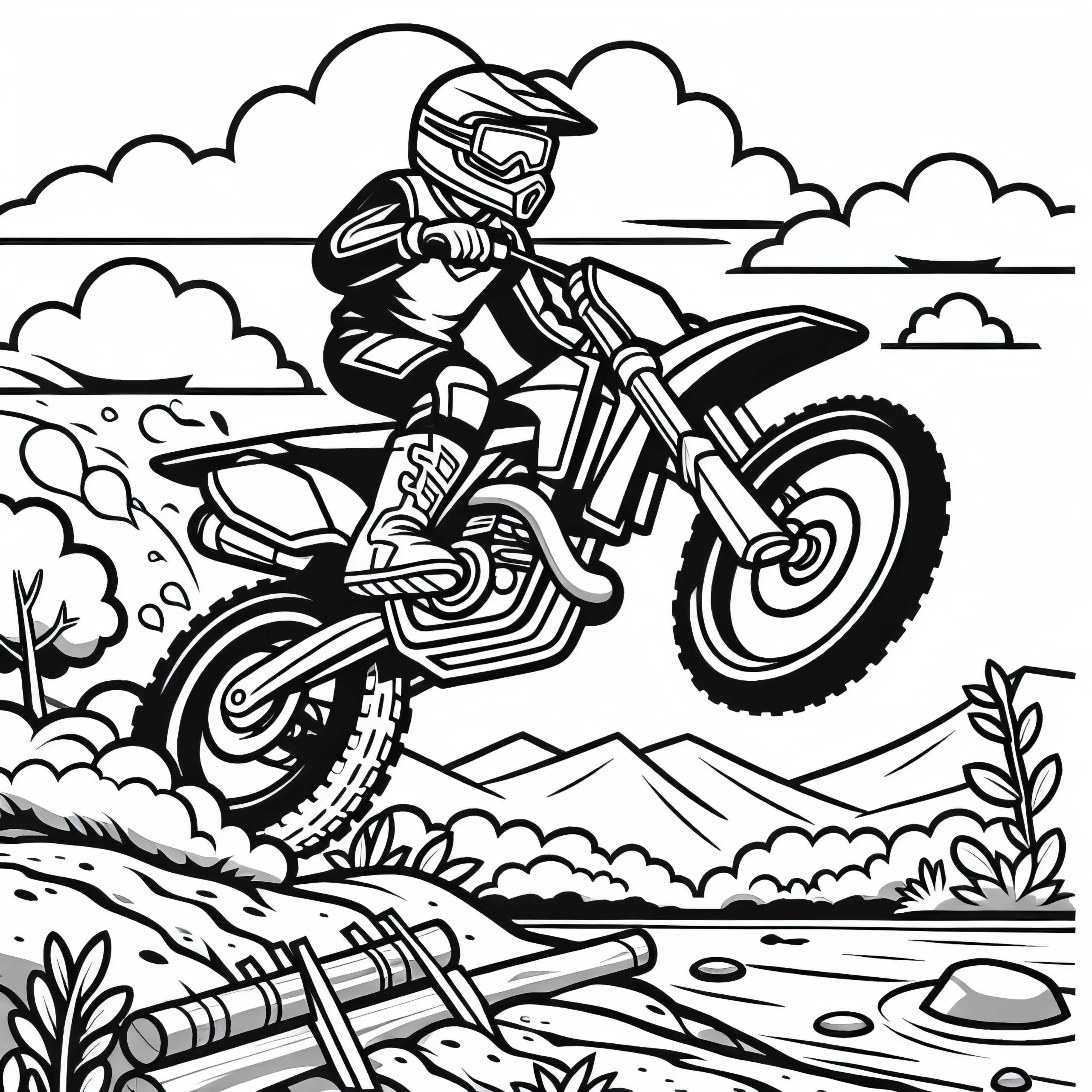 Motorrad springt über Hindernis im Gelände – Ausmalbild kostenlos