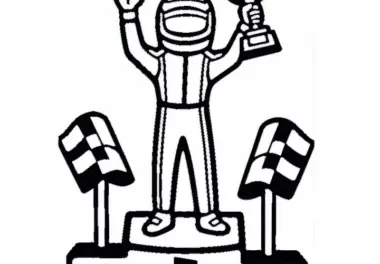 Motorsportfahrer steht auf dem Podium und hält den Pokal in die Luft – Ausmalbild einfach kostenlos