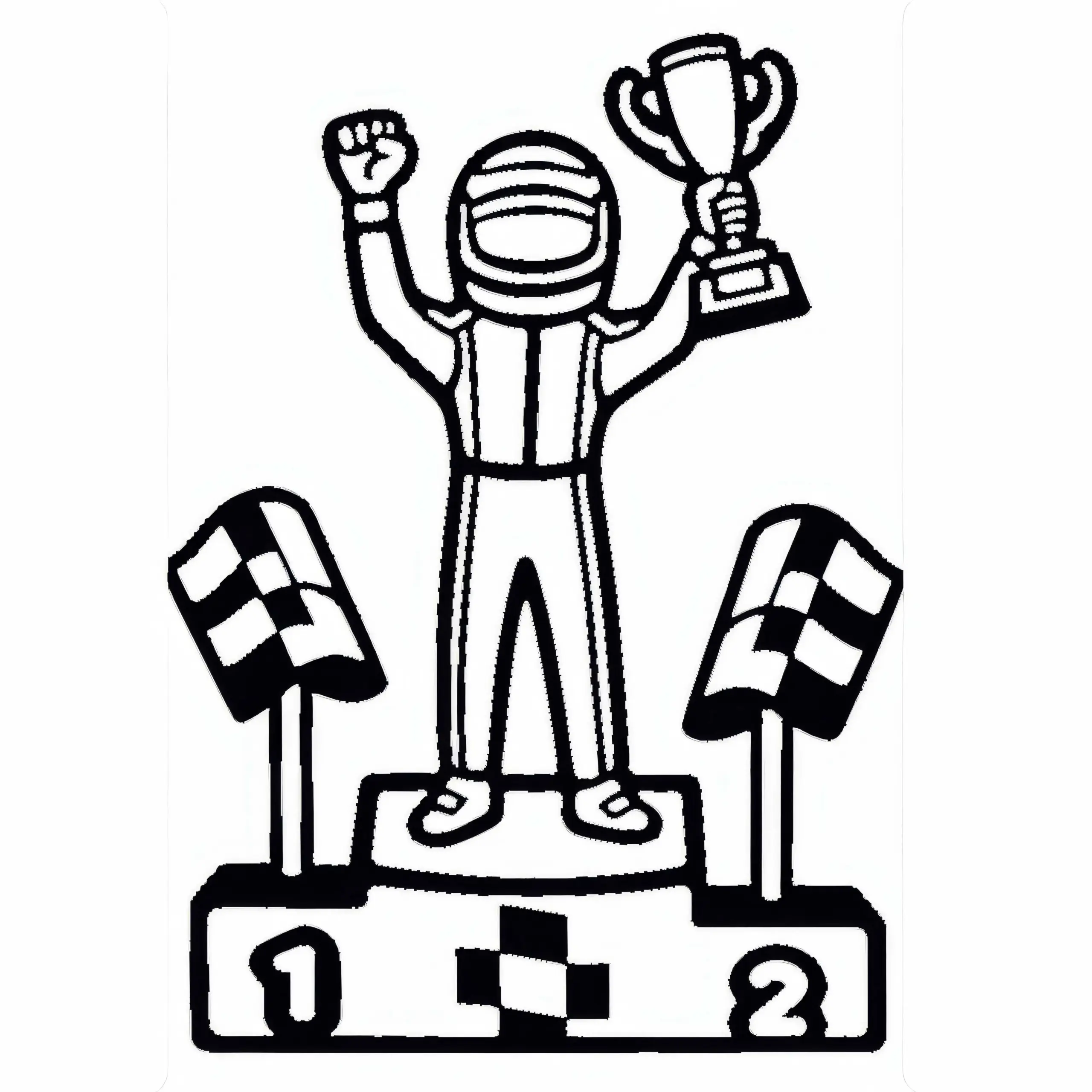 Motorsportfahrer steht auf dem Podium und hält den Pokal in die Luft – Ausmalbild einfach kostenlos