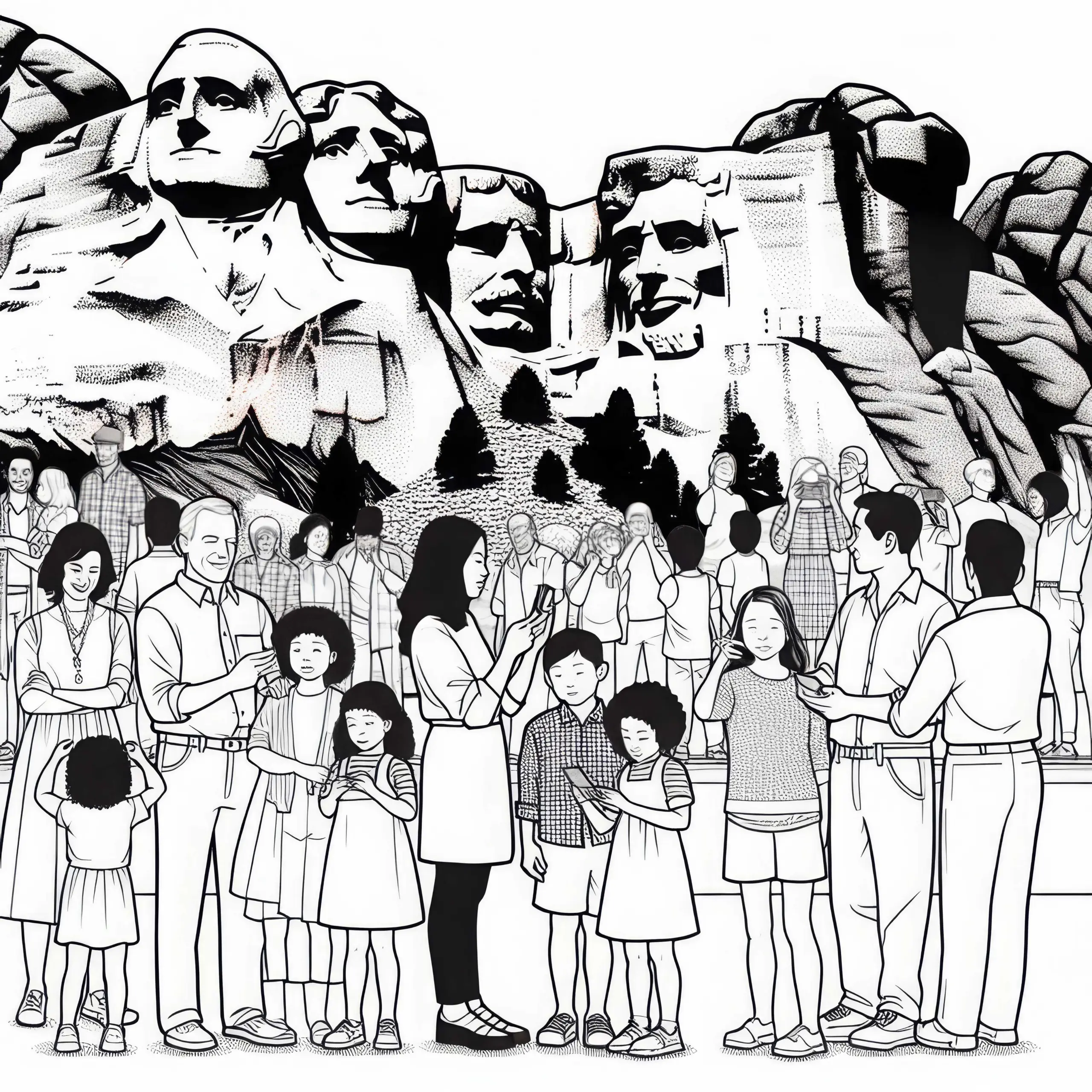 Mount Rushmore mit Familien davor als Ausmalbild für Nordamerika kostenlos