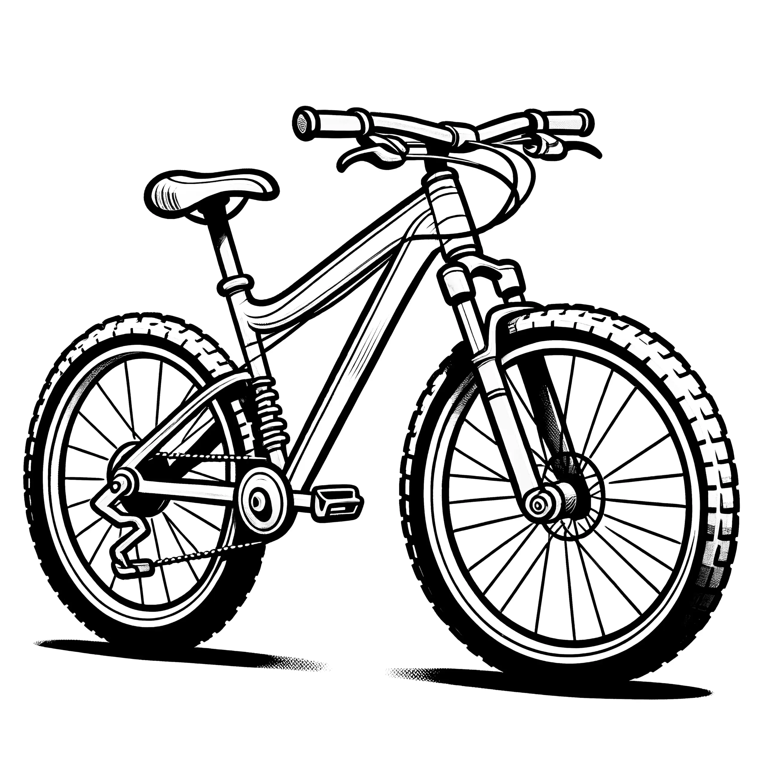 Mountainbike mit dicken Reifen: Gratis Malvorlage zum Download (Ausmalbild)