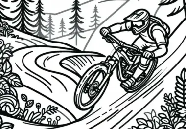 Mountainbike-Fahrer navigiert durch enge Kurven auf schmalem Trail – Ausmalbild kostenlos