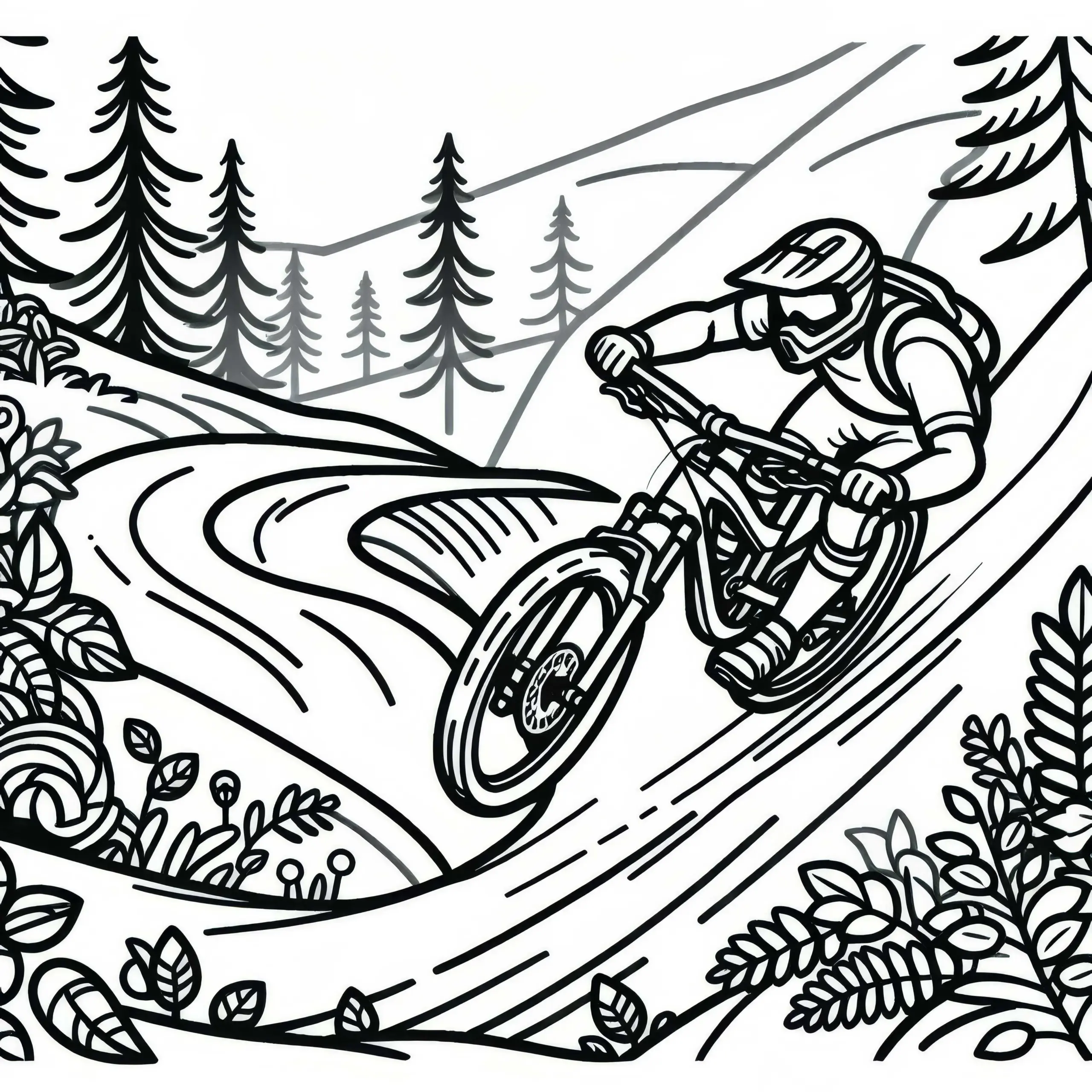 Mountainbike-Fahrer navigiert durch enge Kurven auf schmalem Trail – Ausmalbild kostenlos