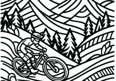 Mountainbiker fährt beim Radsport durch hügeliges Gelände – Malvorlage kostenlos
