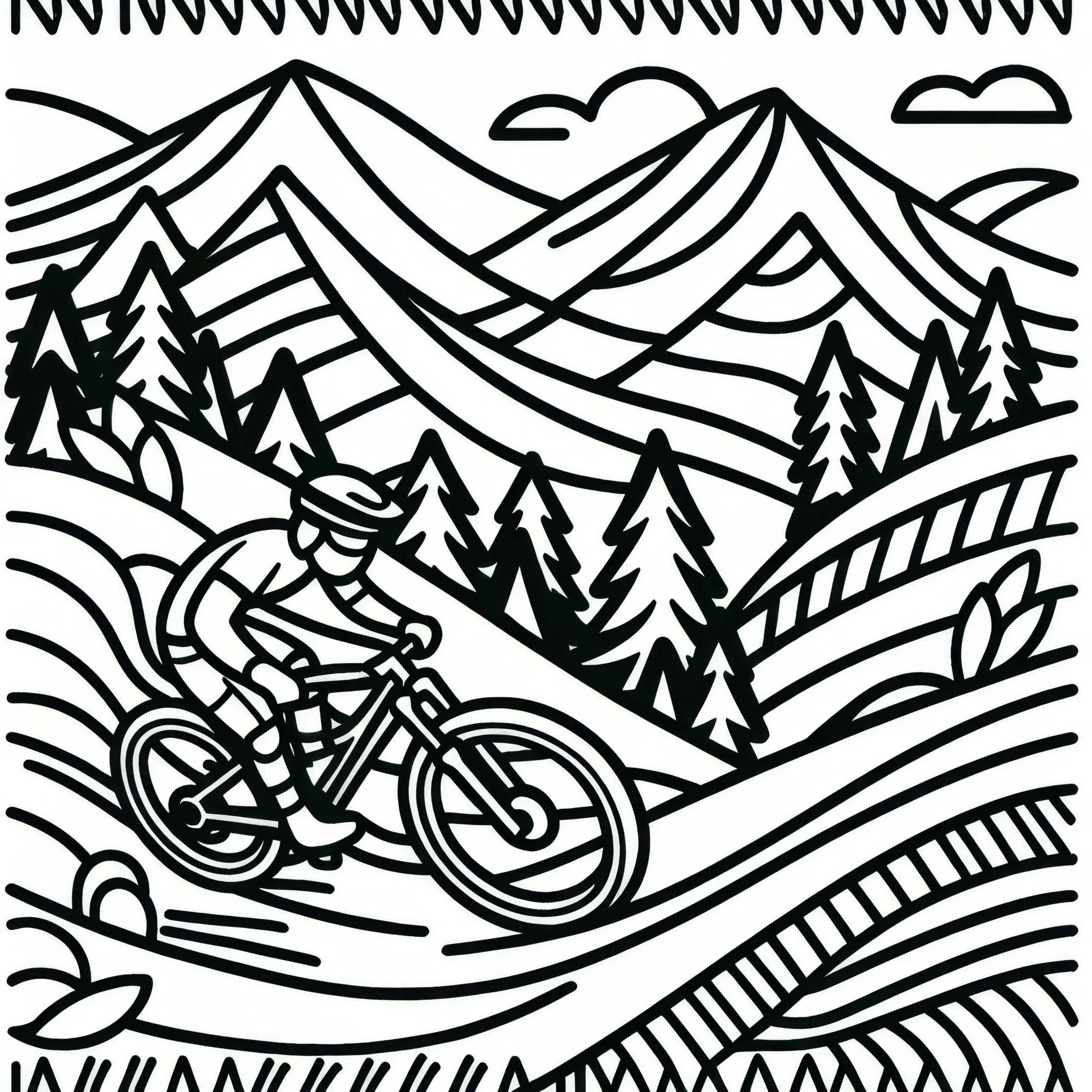 Mountainbiker fährt beim Radsport durch hügeliges Gelände – Malvorlage kostenlos (Ausmalbild)