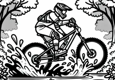 Mountainbiker fährt durch tiefe Pfütze und spritzt Schlamm – Ausmalbild Gratis