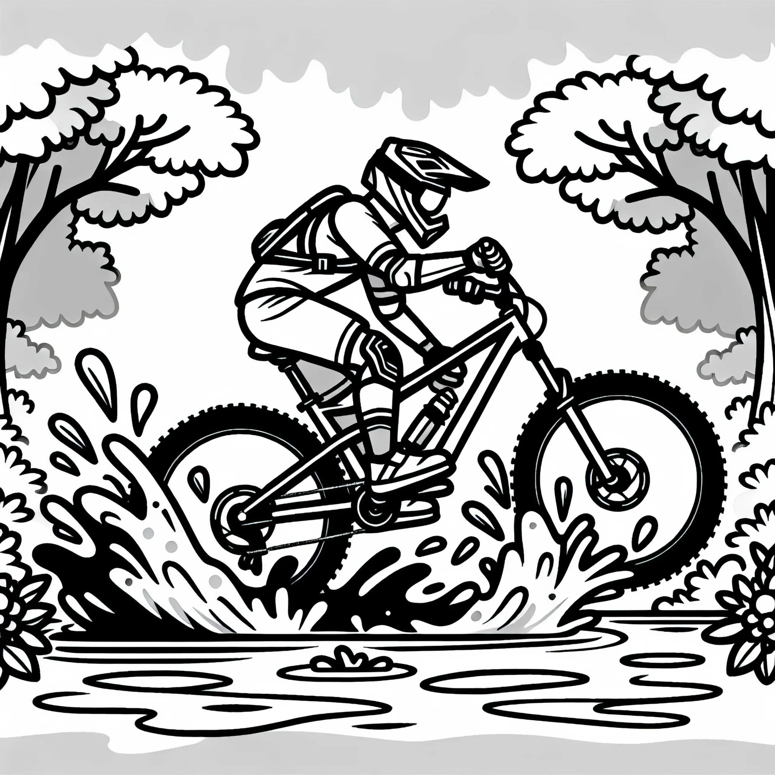 Mountainbiker fährt durch tiefe Pfütze und spritzt Schlamm – Ausmalbild Gratis