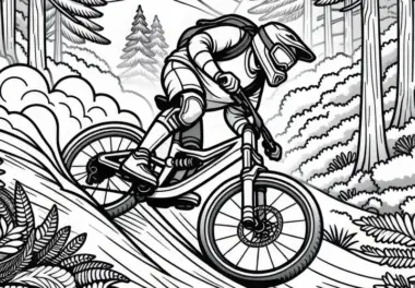 Mountainbiker im Wald – Malvorlage gratis