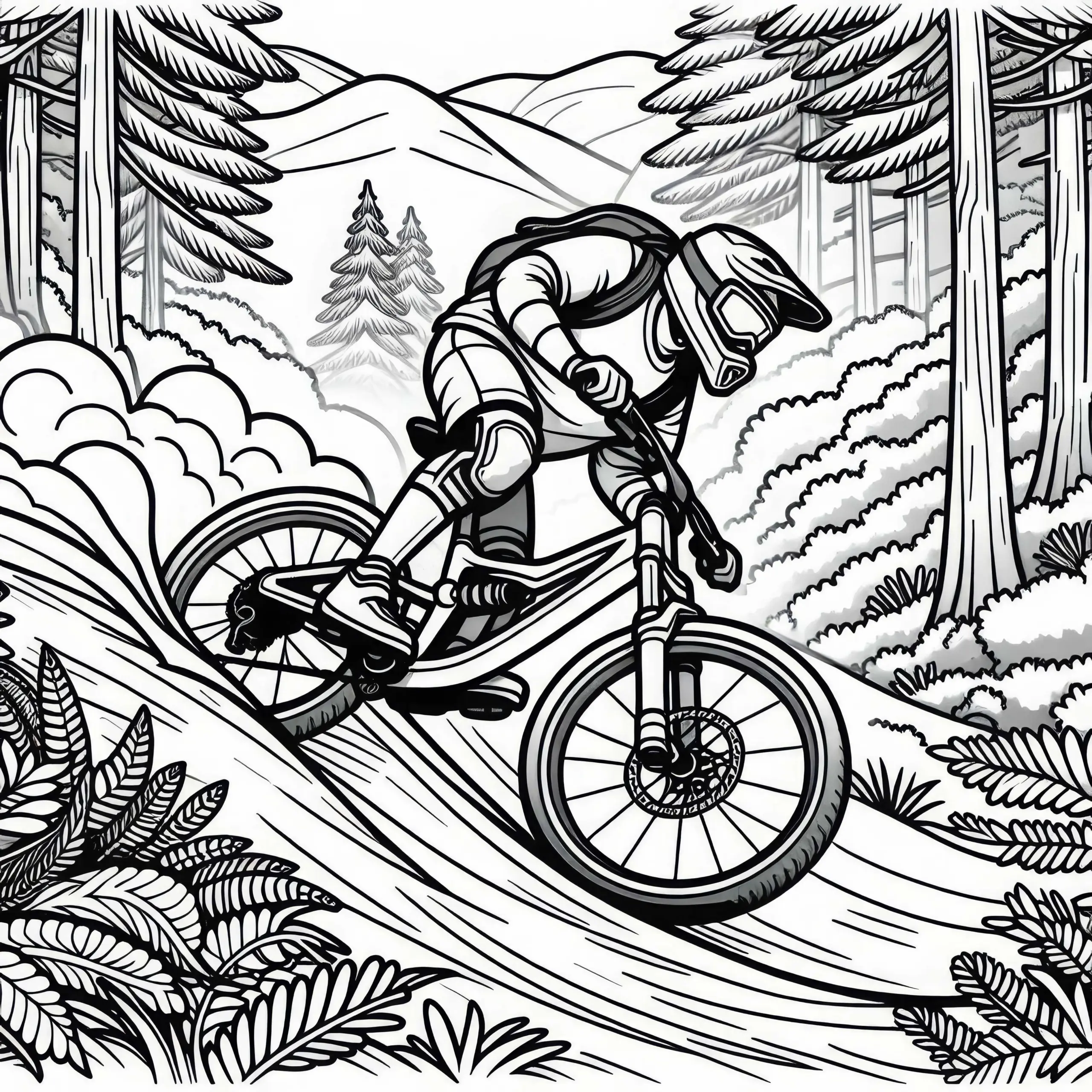 Mountainbiker im Wald – Malvorlage gratis (Ausmalbild)
