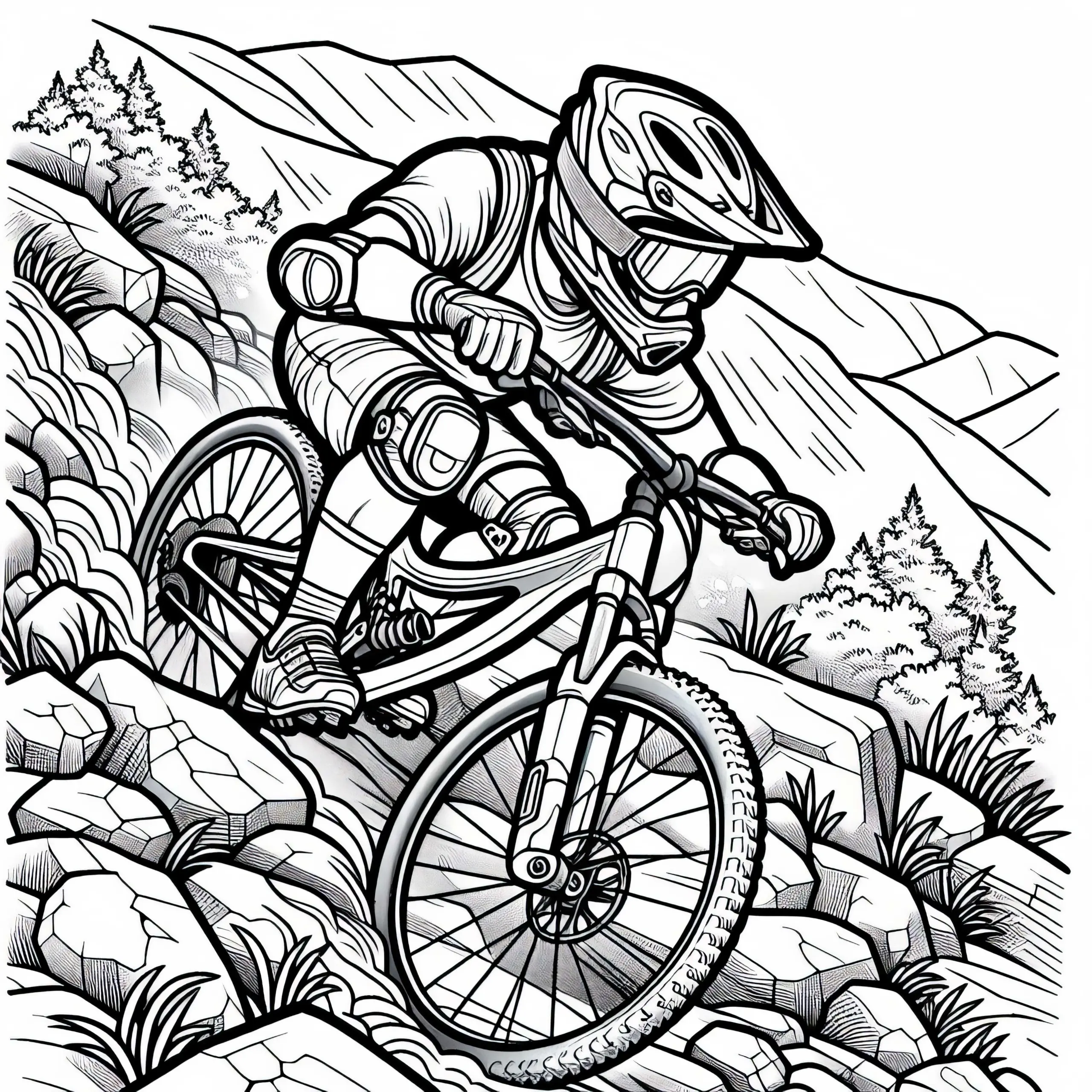 Mountainbiker kämpft sich durch unwegsames Gelände – Malvorlage kostenlos (Ausmalbild)