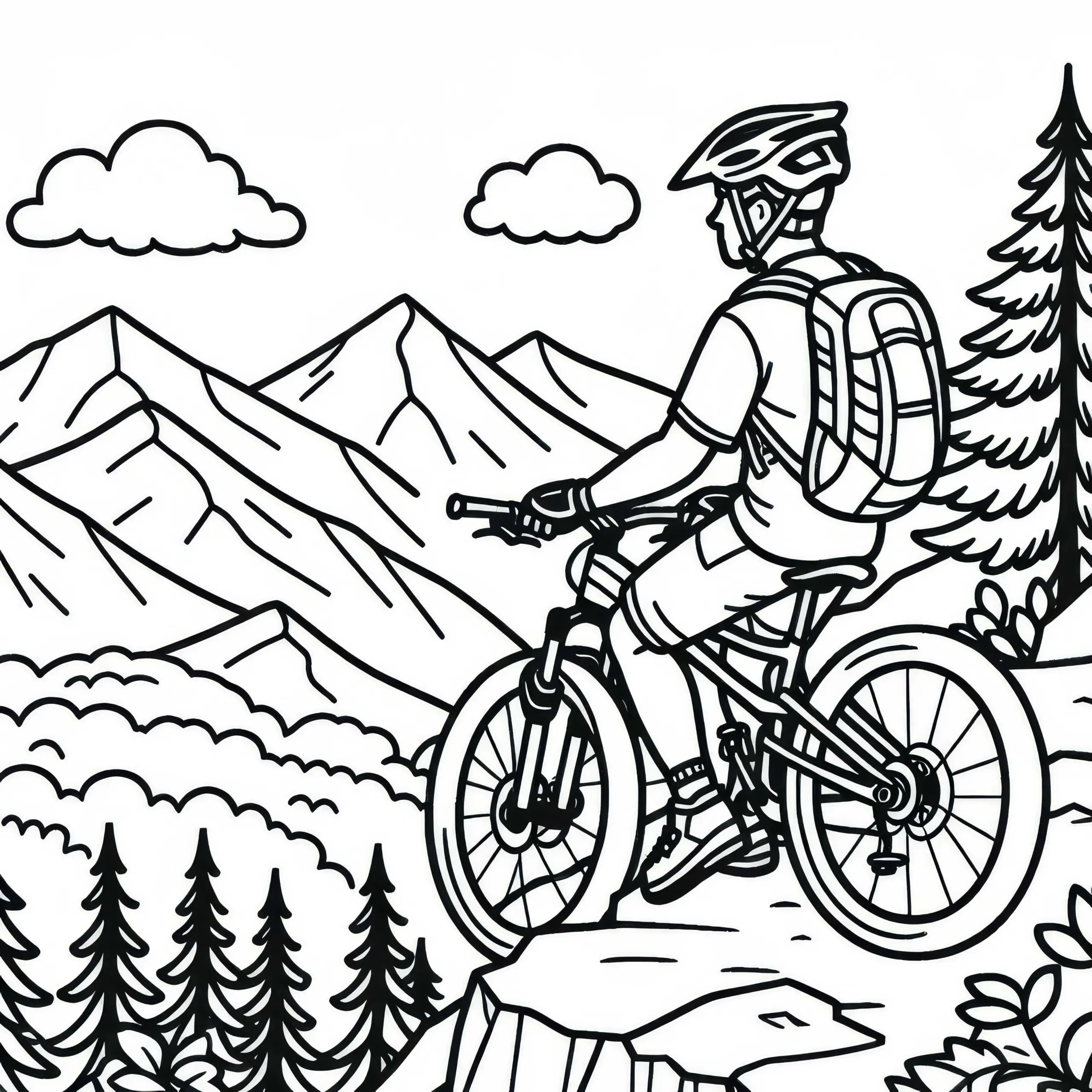 Mountainbiker macht Pause und genießt Aussicht auf Berggipfel – Malvorlage gratis (Ausmalbild)