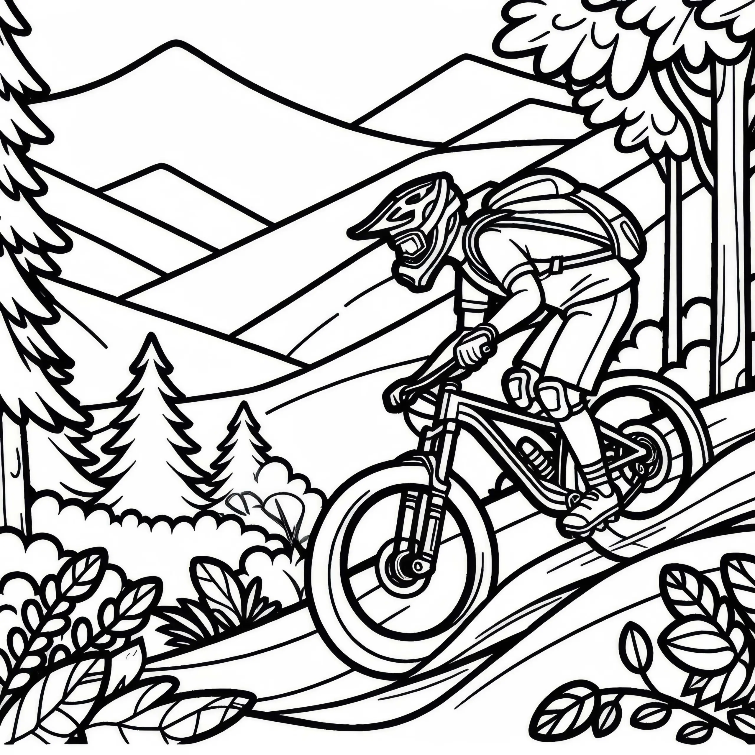 Mountainbiker rast steilen Waldpfad hinunter – Ausmalbild gratis