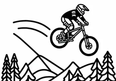 Mountainbiker springt mit Rad – Ausmalbild gratis