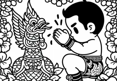 Muay Thai Athlet führt traditionelle Wai Kru Zeremonie vor Kampf durch – Malvorlage gratis
