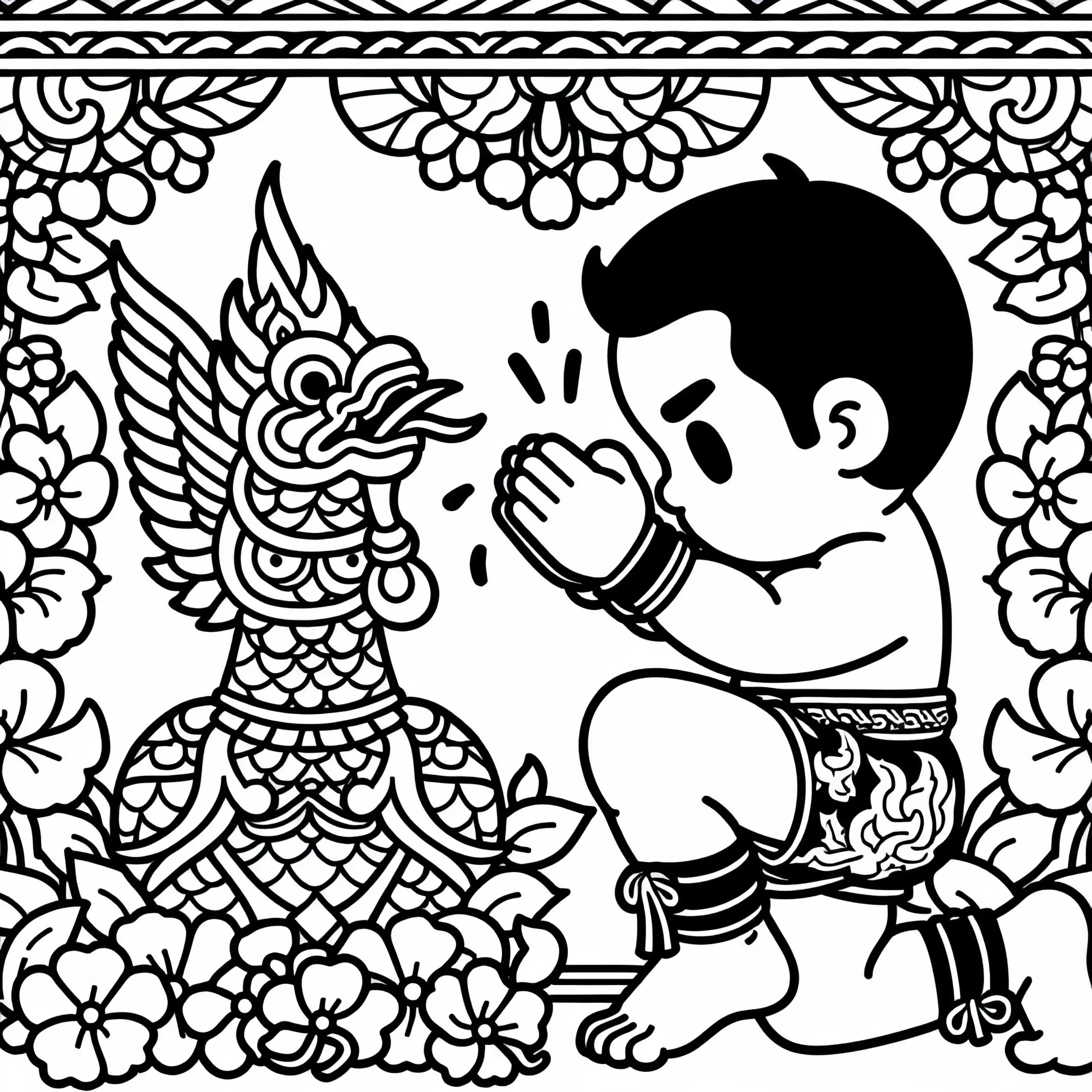Muay Thai Athlet führt traditionelle Wai Kru Zeremonie vor Kampf durch – Malvorlage gratis (Ausmalbild)