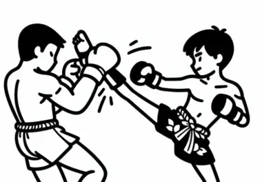 Muay Thai Kämpfer tritt Gegner mit hohem Roundhouse Kick – Malvorlage gratis