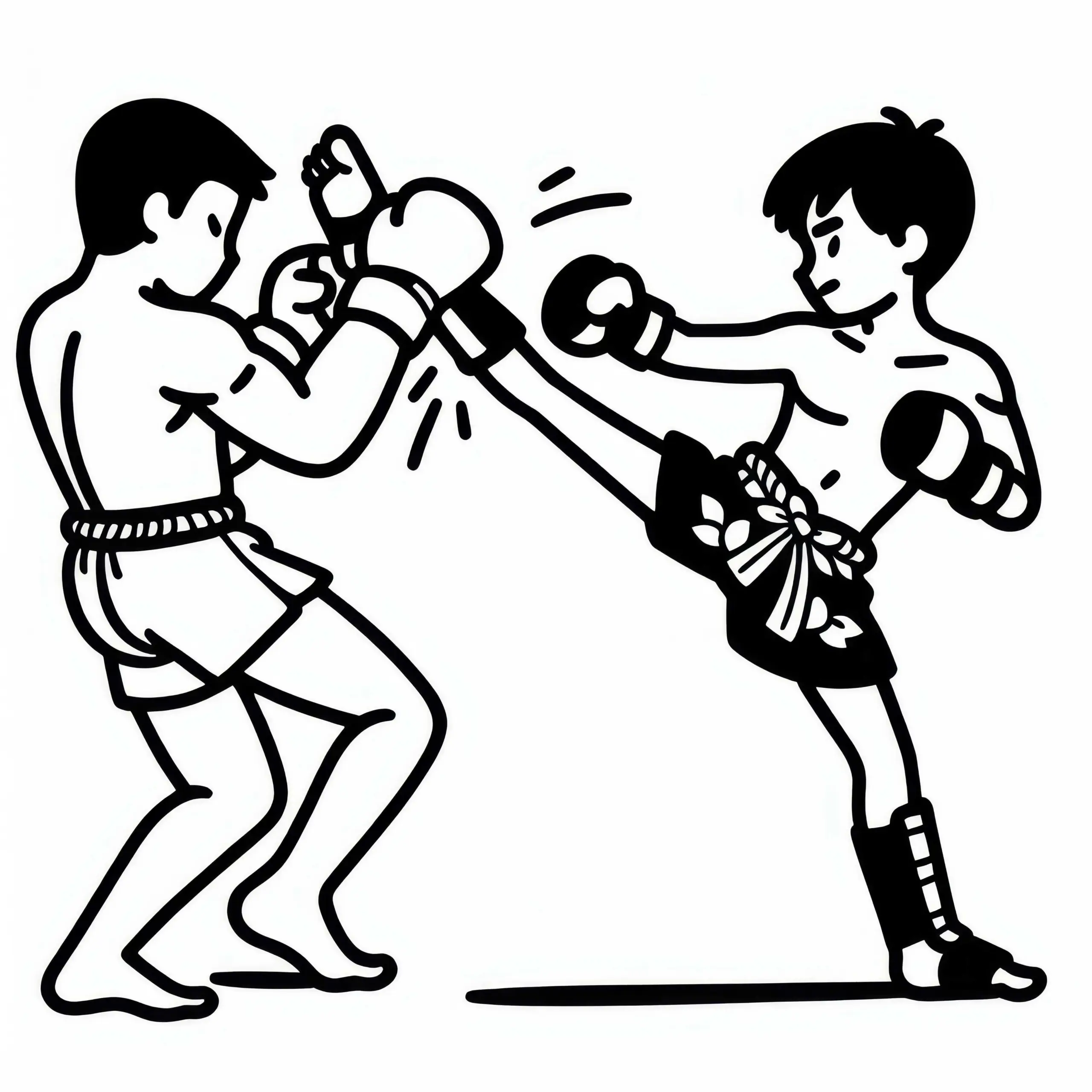 Muay Thai Kämpfer tritt Gegner mit hohem Roundhouse Kick – Malvorlage gratis (Ausmalbild)