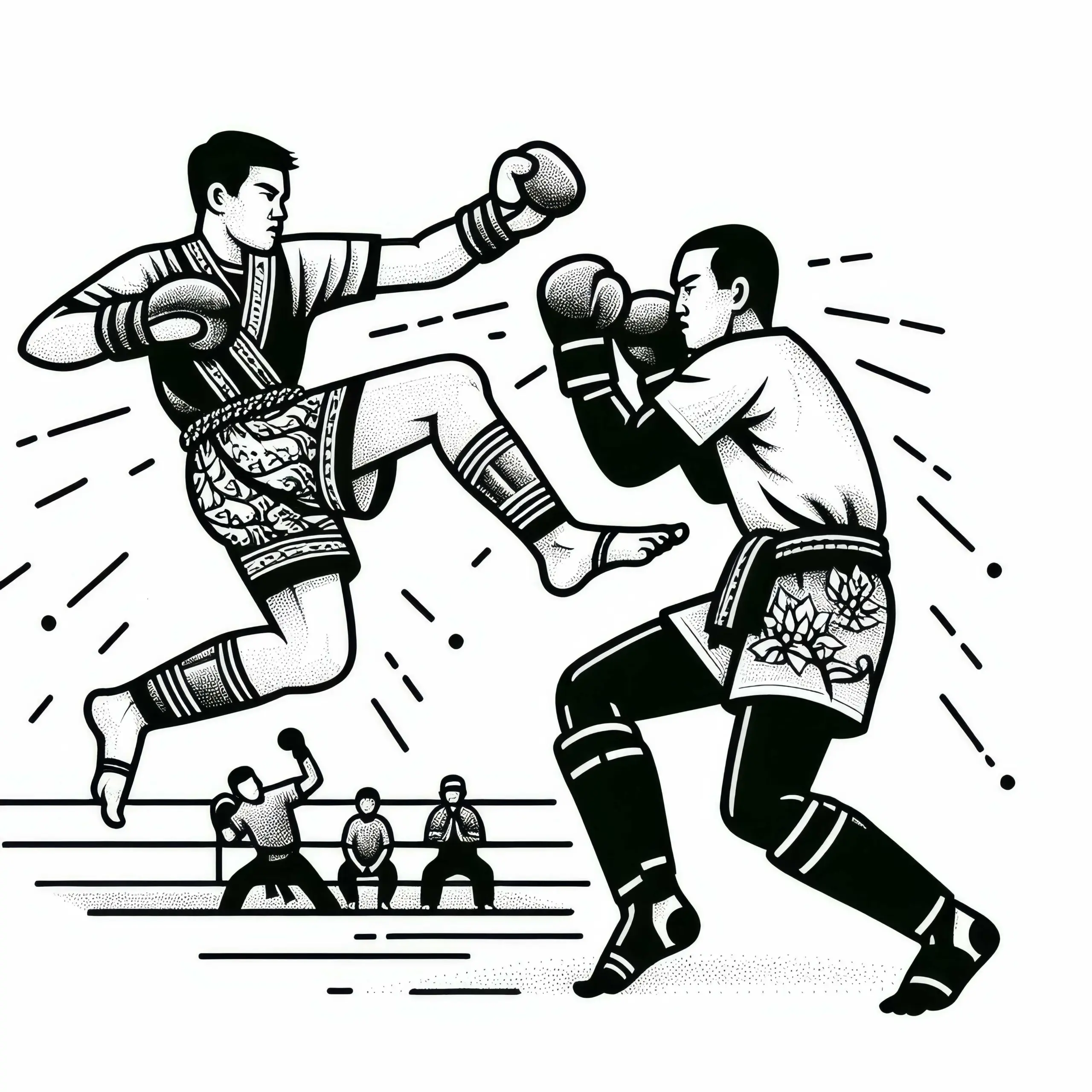 Muay Thai Kämpfer weicht geschickt einem Angriff aus – Malvorlage gratis (Ausmalbild)