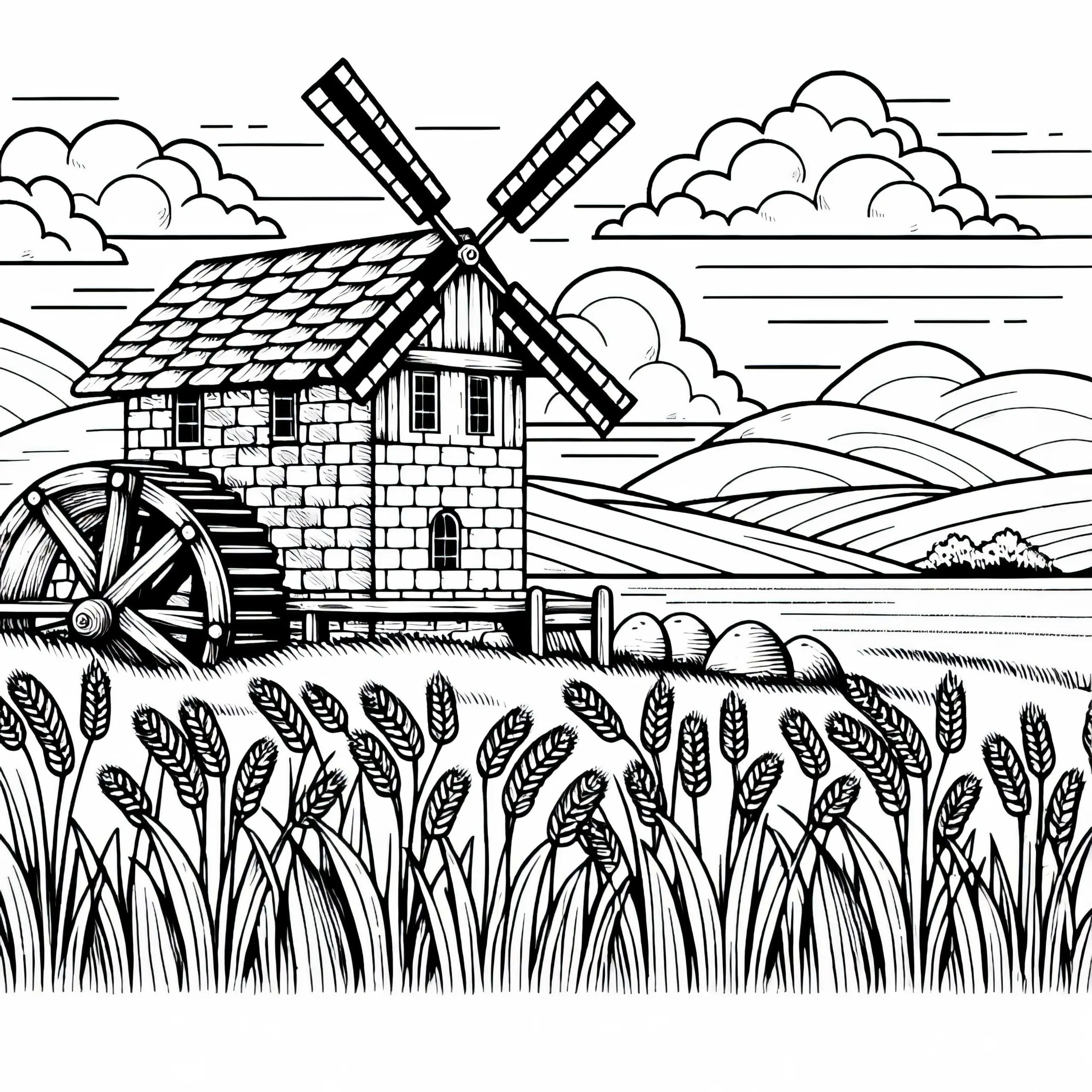Mühle im Getreidefeld – Malvorlage gratis (Ausmalbild)