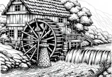 Mühlrad einer alten Mühle dreht sich langsam im Wasser – Ausmalbild kostenlos