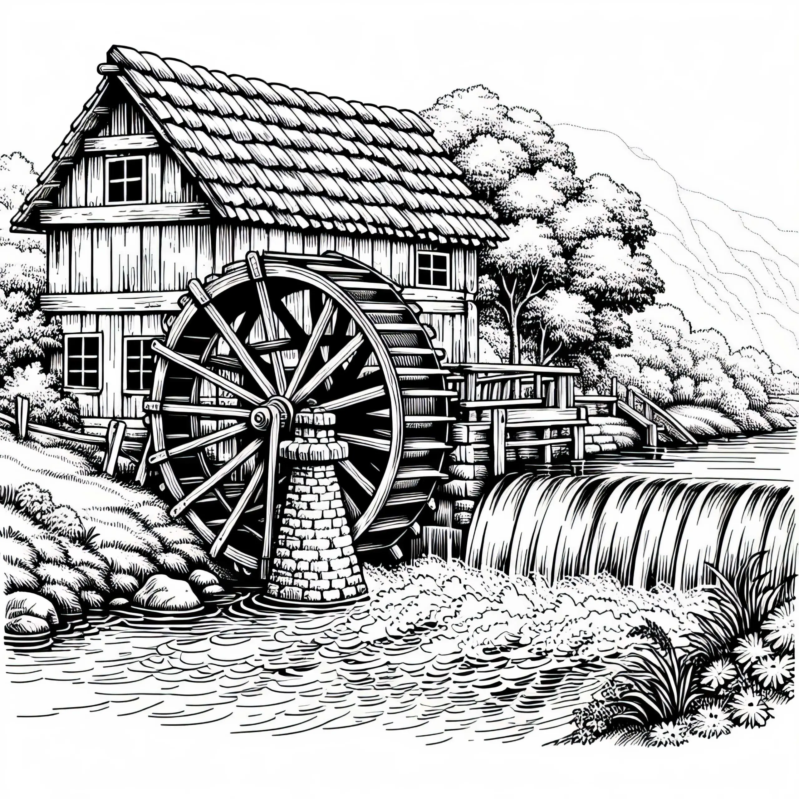 Mühlrad einer alten Mühle dreht sich langsam im Wasser – Ausmalbild kostenlos