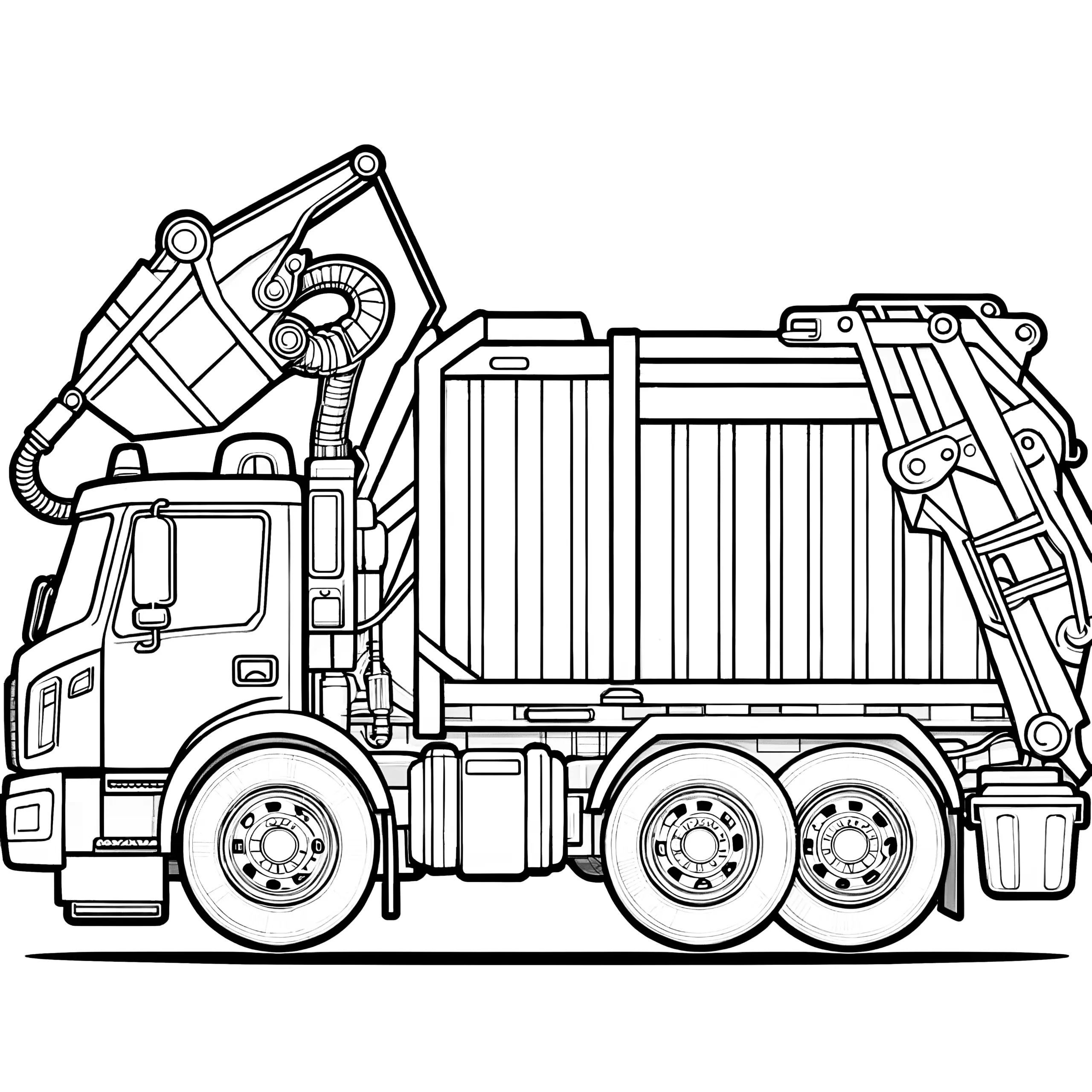 Müllwagen Seitenansicht: Malvorlage zum Herunterladen (Gratis) (Ausmalbild)