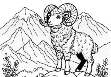 Mufflon mit gewaltigen Hörnern steht auf einem Bergplateau – Malvorlage gratis
