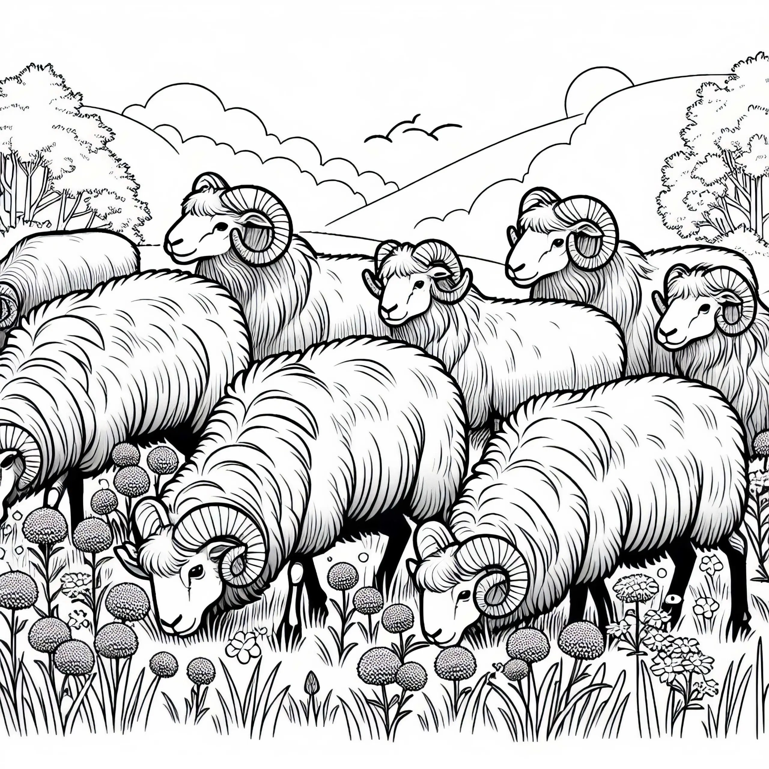 Mufflonherde grast auf Wiese – Malvorlage kostenlos herunterladen (Ausmalbild)