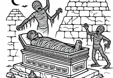 Mumie erwacht aus Sarkophag in alter Pyramide – Ausmalbild kostenlos