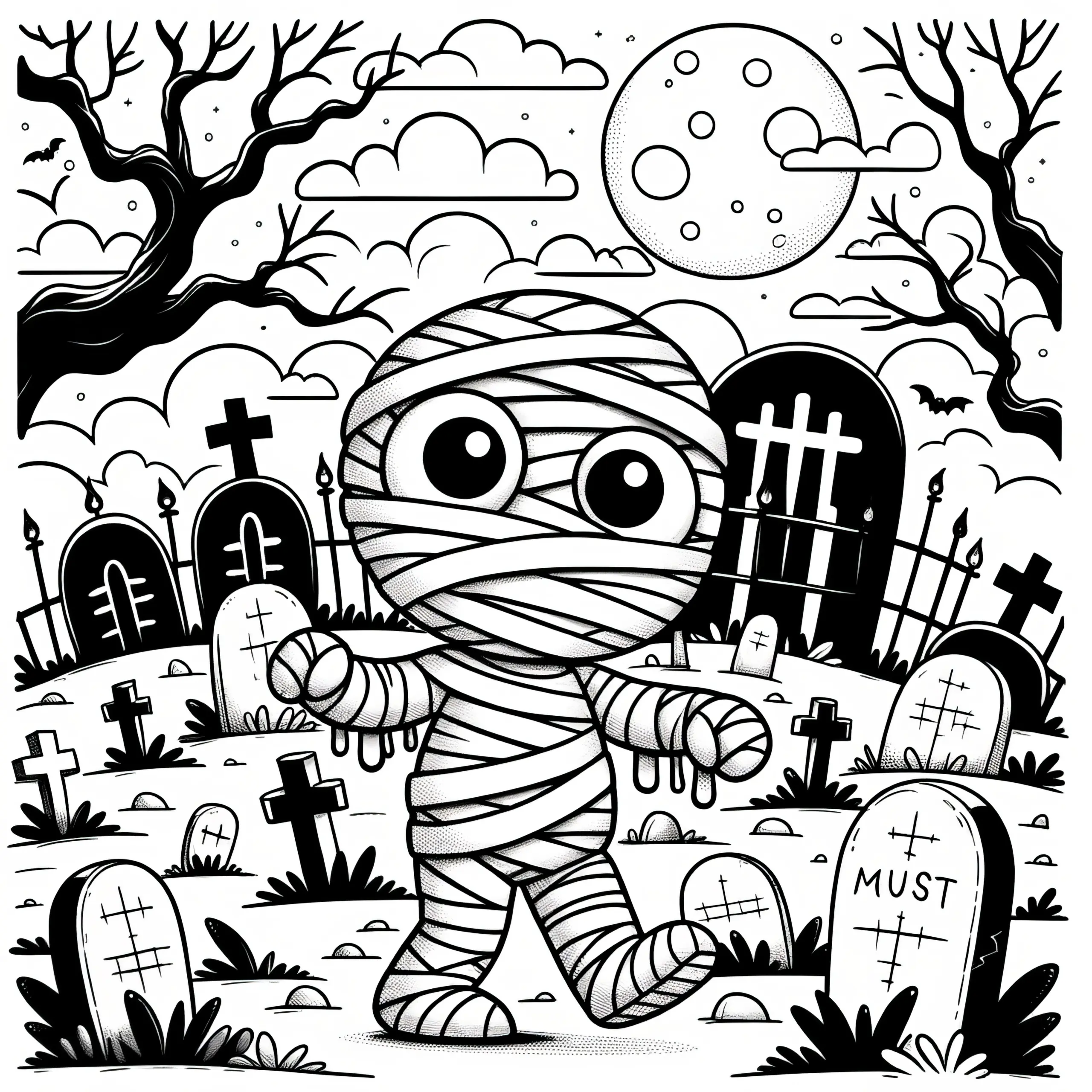 Mumie auf Friedhof: Halloween Bild zum Ausmalen (Gratis) (Ausmalbild)