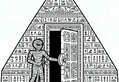 Mumie öffnet alte Geheimtür in Pyramide mit Hieroglyphen