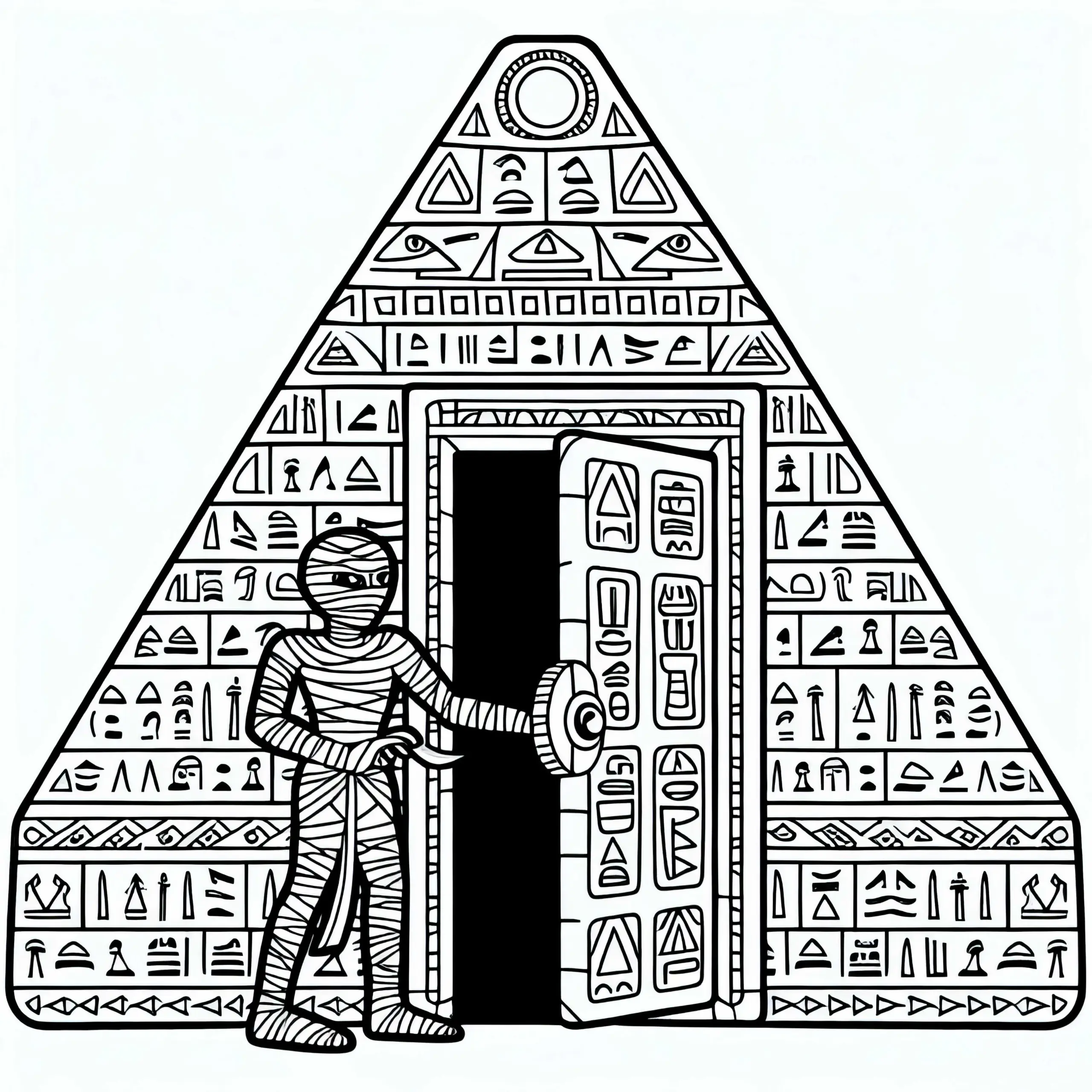 Mumie öffnet alte Geheimtür in Pyramide mit Hieroglyphen (Ausmalbild)