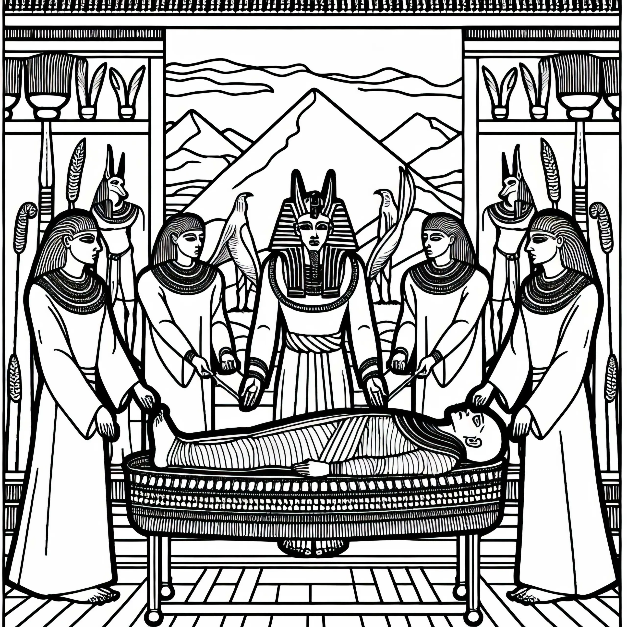 Mumifizierungsszene mit Priestern und Statue von Anubis – Ausmalbild zur Ägyptischen Mythologie
